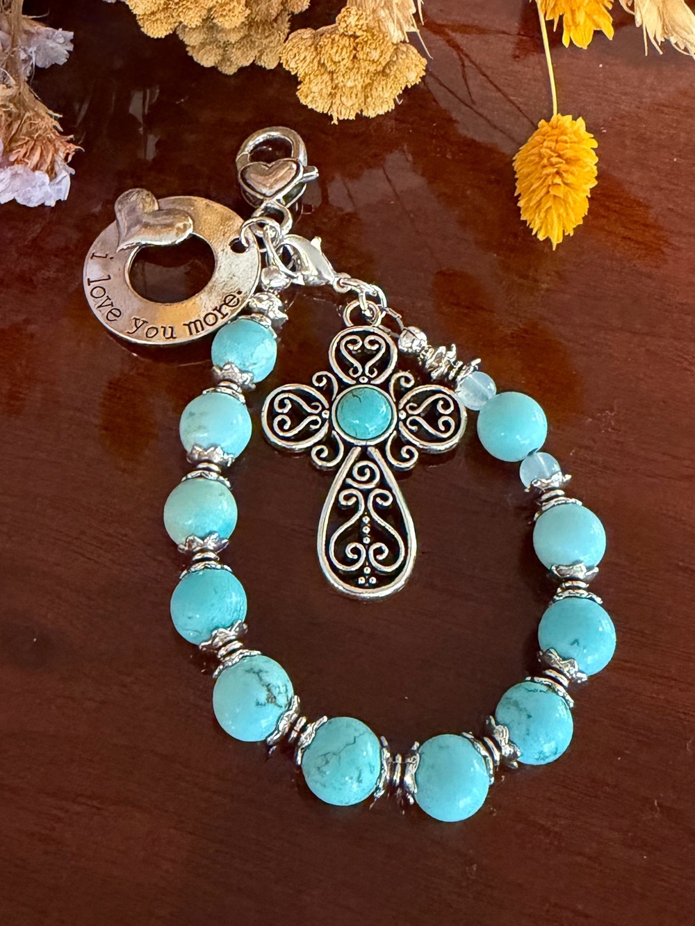 NEW Silver Turquoise  Cross “I Love You More” Charm Turquoise Beaded Handbag